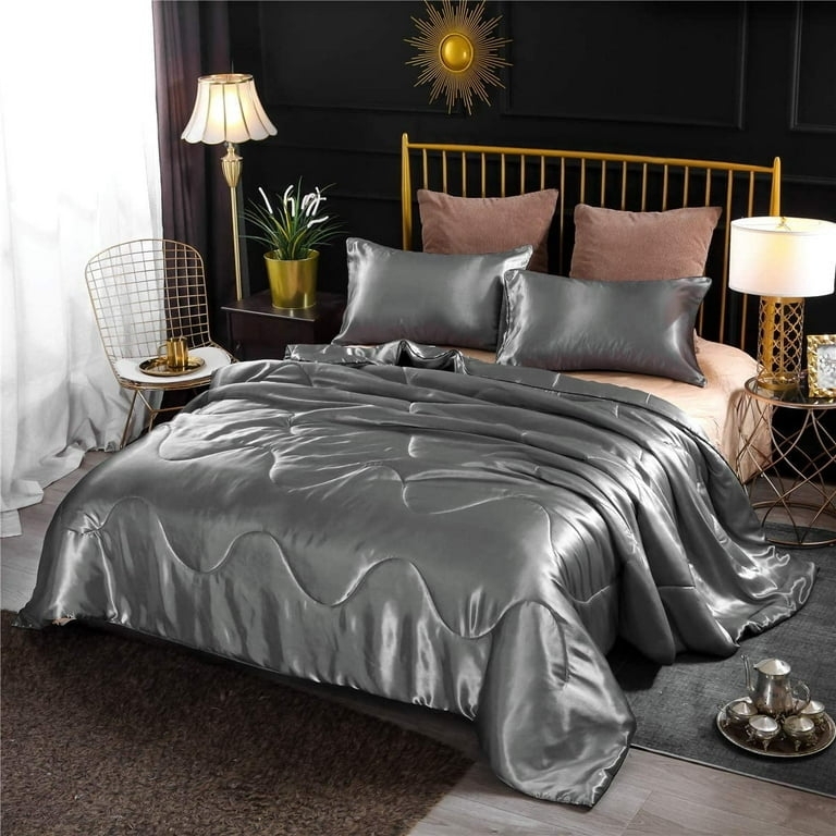 Comforter Set Silver Gray Silky Satin Wave Quilting Lustrous