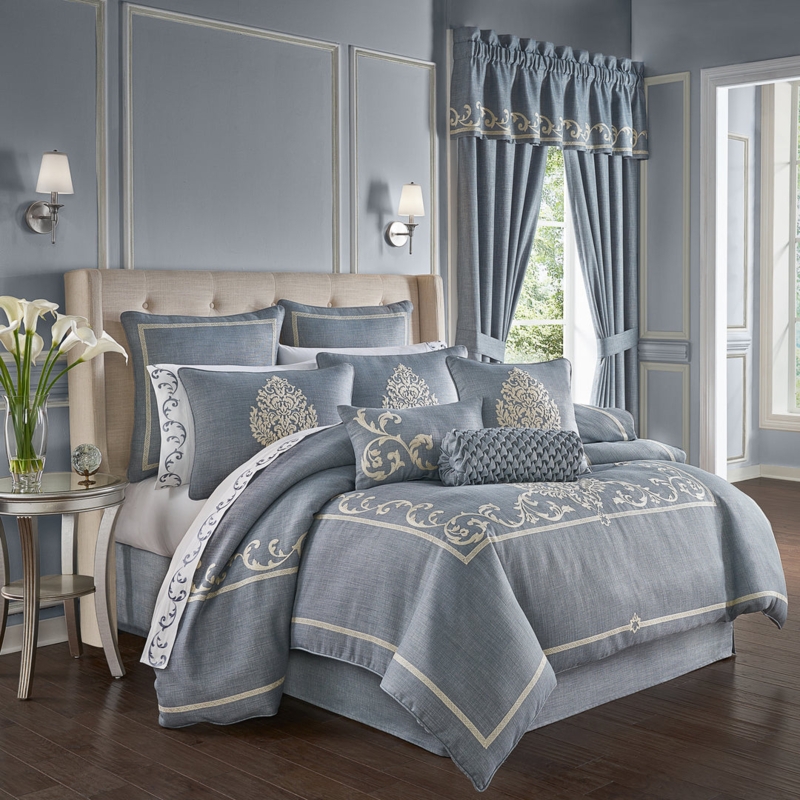 Comforter Set Silver Jacquard Scrolling Slate Blue Palette