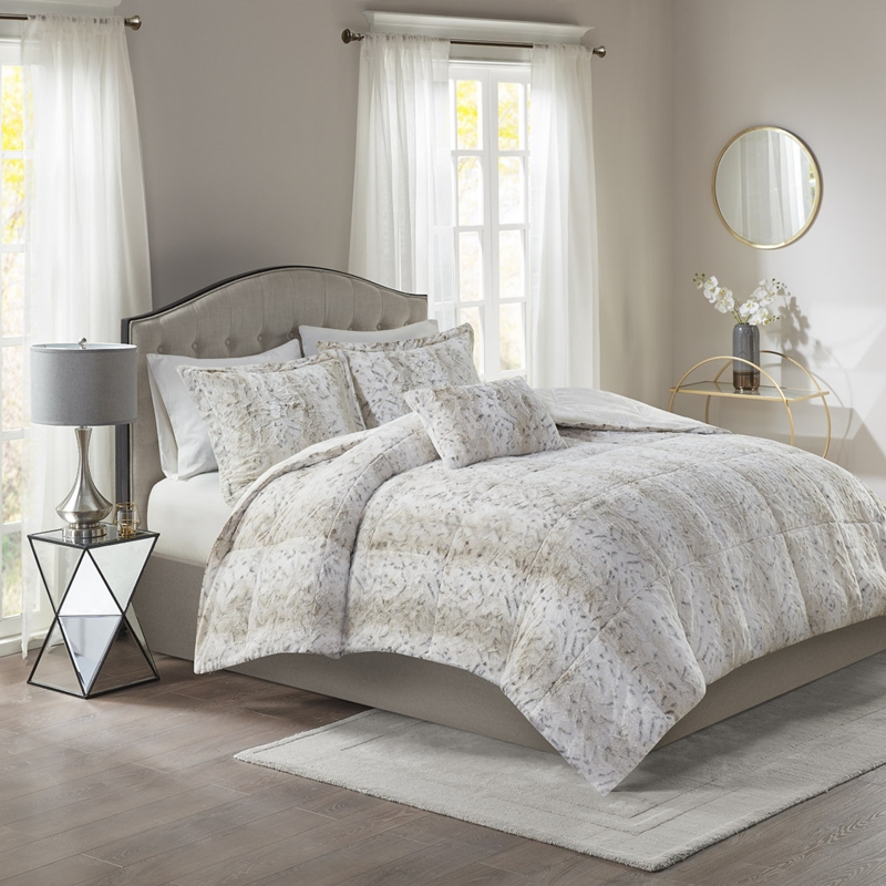 Comforter Set Snow Leopard Pattern Faux Fur Texture Glam Style