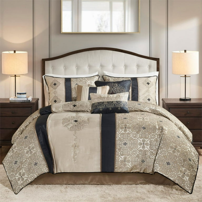 Comforter Set Sophisticated Black Grey Medallion Jacquard Pieced