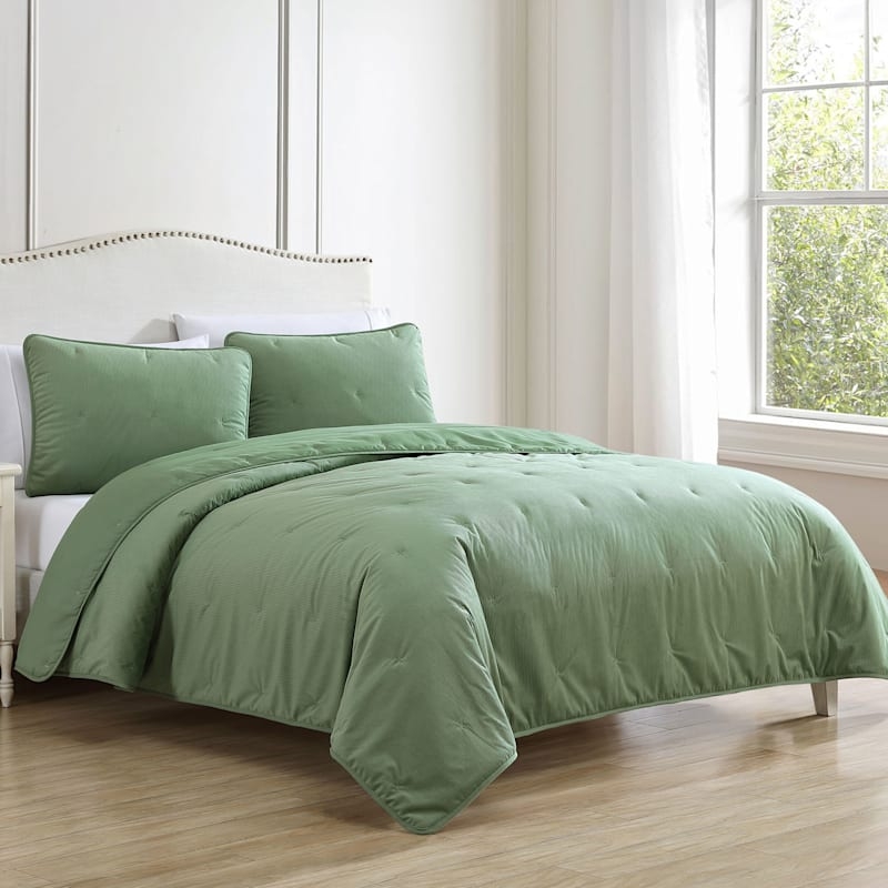 Comforter Set Tacked Corduroy Texture Forest Green Transitional Bedroom
