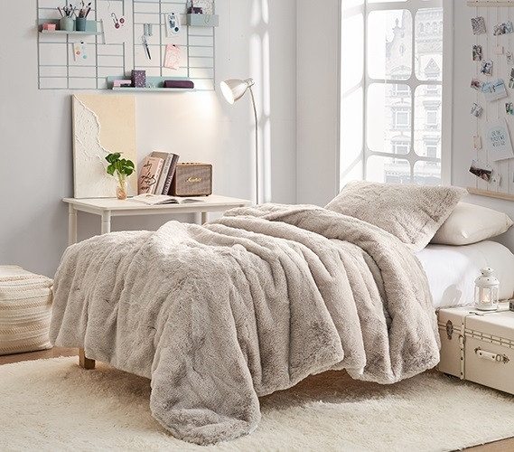 Comforter Set Taupe Long Pile Shaggy Faux Fur Extra Thick Glam