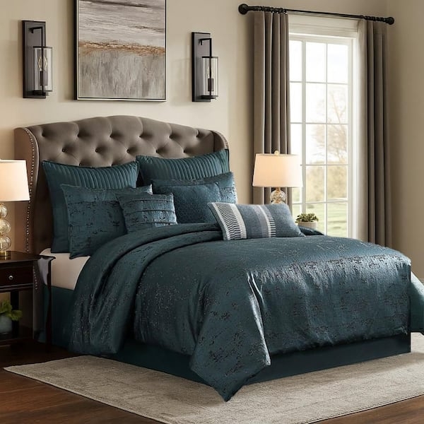 Comforter Set Turquoise Blue Jacquard Weave Damask Pattern Traditional