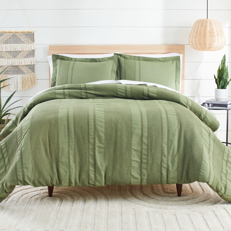 Comforter Set Vertical Stripe Stitching Sage Green Waffle Weave Texture