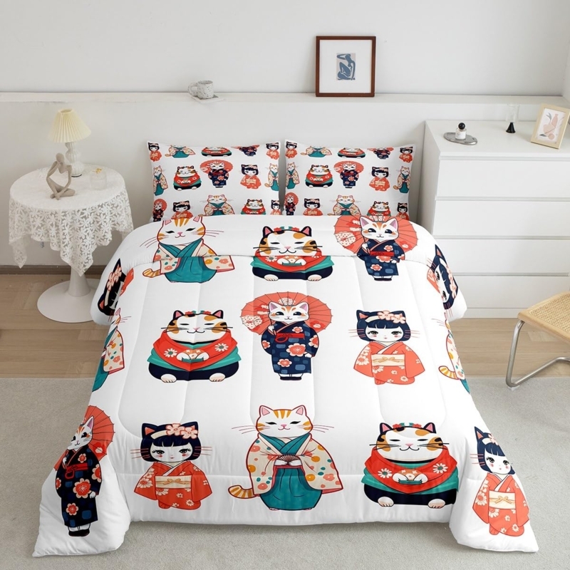 Comforter Set Vibrant Teal Japanese Geisha Cat Graphic Print