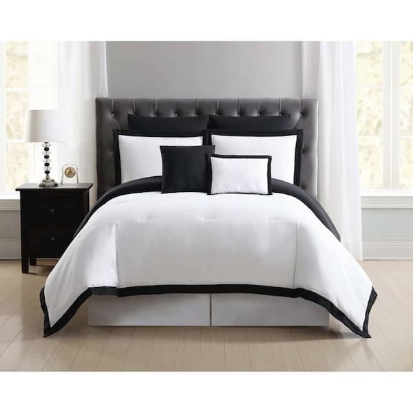 Comforter Set: White Hotel Border Bedding with Crisp Black Border Trim.