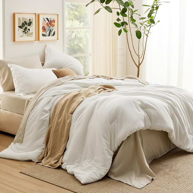 Comforter Set, White with Black Geometric Embroidery, Boho Style