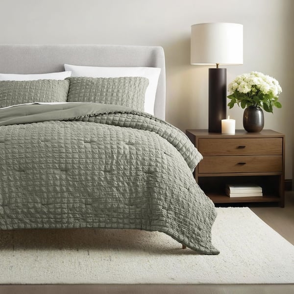 Comforter Set Willow Green Seersucker Texture Transitional Bedding