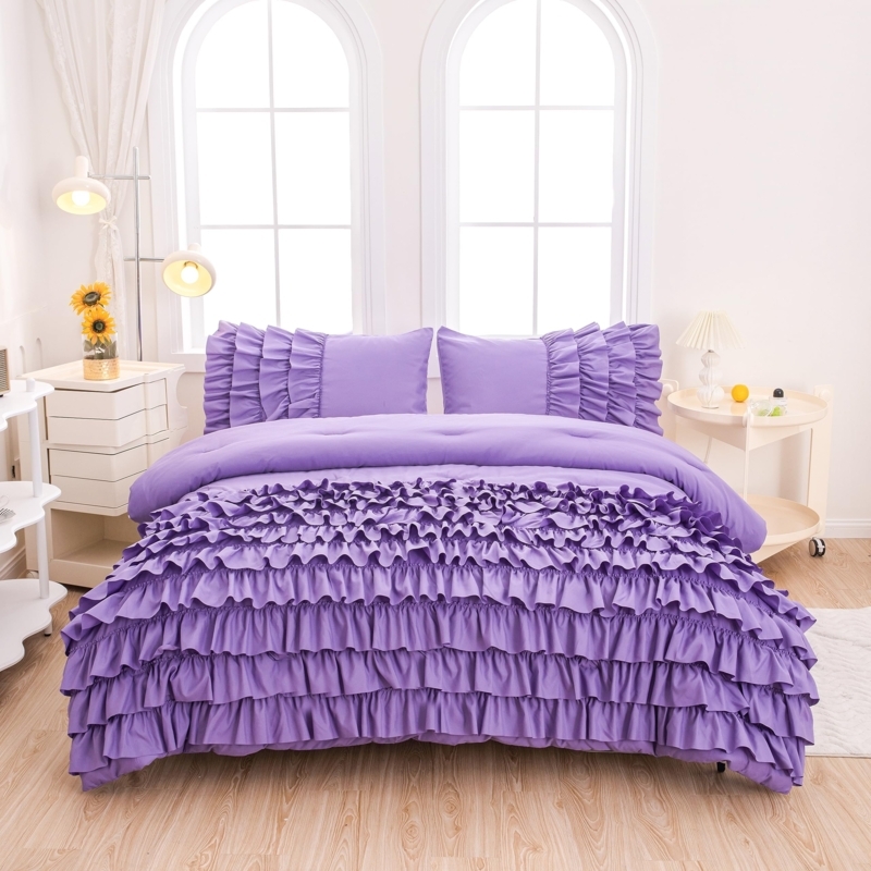 Comforter Set with Pom-Pom Fringe Trim. Lavender Comforter with Pom Poms.