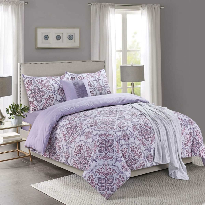 Comforter with Distressed Medallion Print. Distressed Print Bedroom Decor.