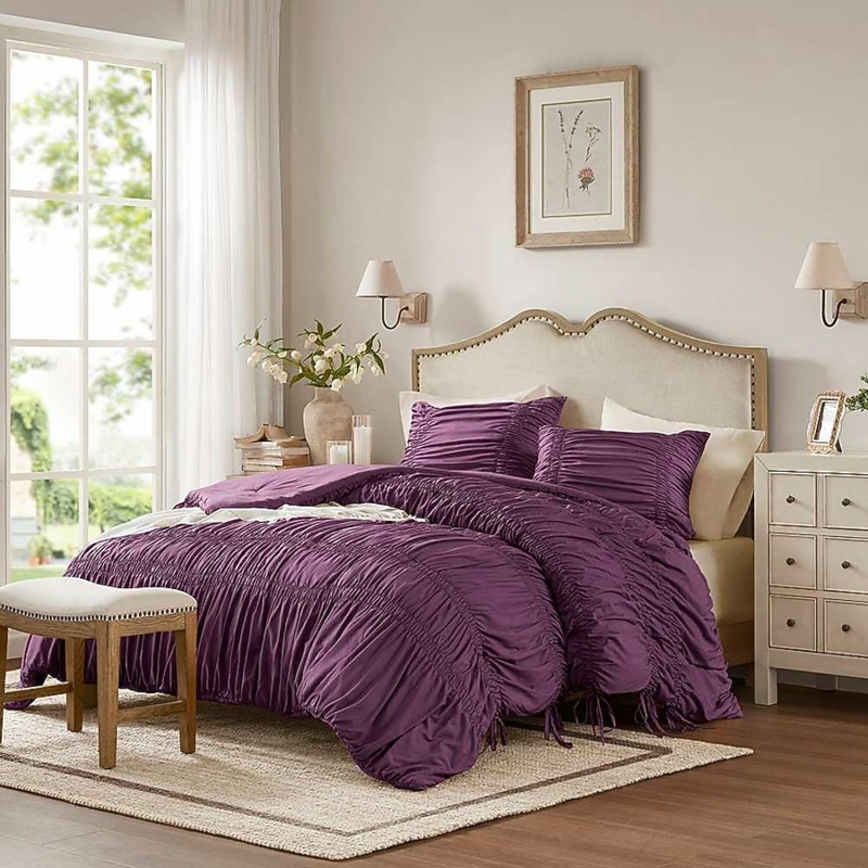 Comforter with Geometric Pleated Texture. Textured Purple Comforter Set.