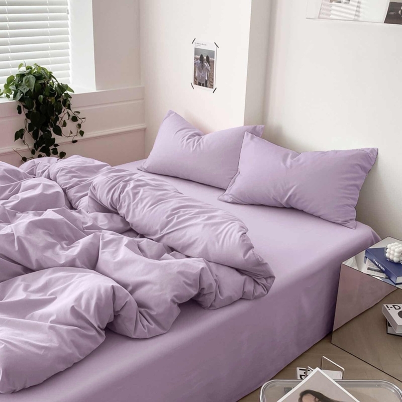 Comforter with Quilted Texture. Lavender Aesthetic Bedroom Decor.