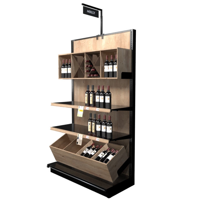 Commercial Retail Gondola Shelving featuring Wood Bins