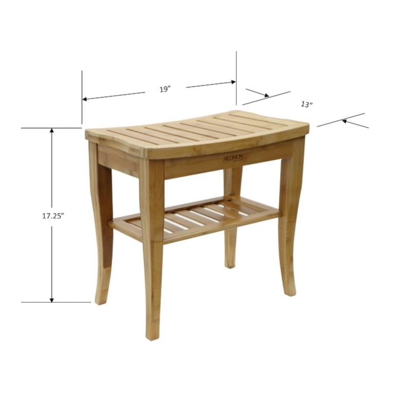 Compact Bamboo Like Shower Stool with Tapered Legs and Shelf