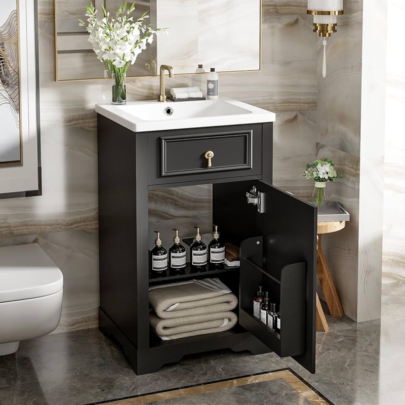 Compact Matte Black Vanity with Gold Hardware and Integrated Sink