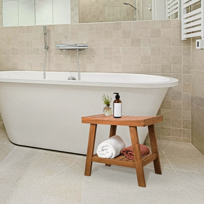 Concave Slatted Shower Stool with Lower Storage Shelf