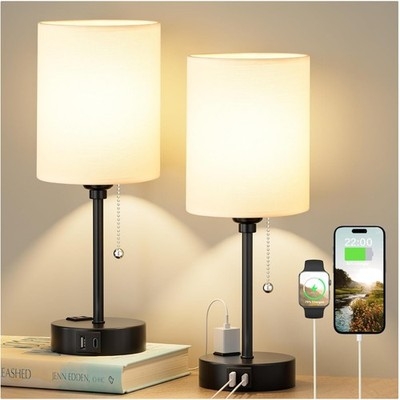 Contemporary Bedside Lamp with USB Port Black Metal Base