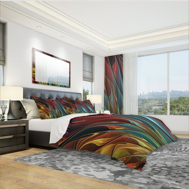Contemporary Duvet Cover Set with Vibrant Leaf Motif, Abstract Print