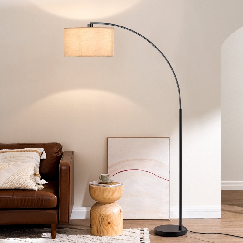 Contemporary Floor Lamp, Arched Neck, Beige Fabric Drum Shade