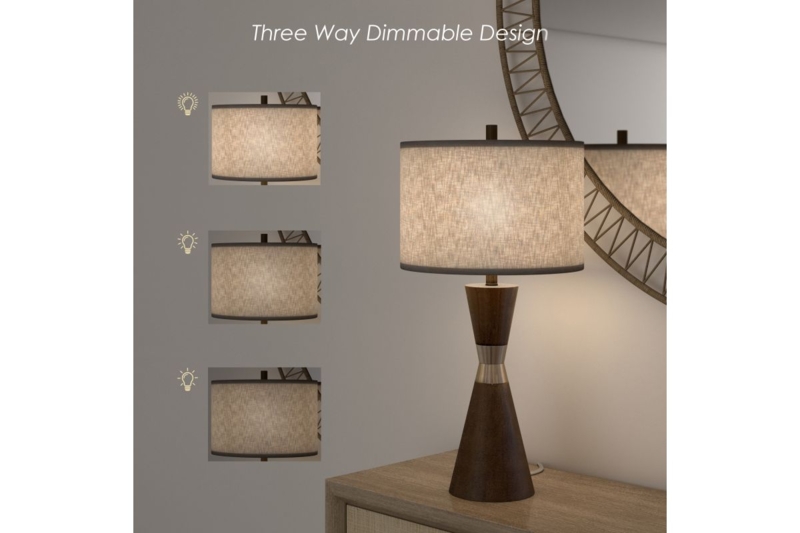 Contemporary Hourglass Table Lamp Set with Dark Wood Tone & Metallic Collar