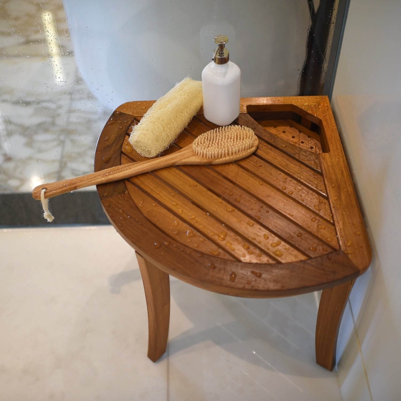 Contemporary Shower Bench: Teak Wood Corner Triangular Design