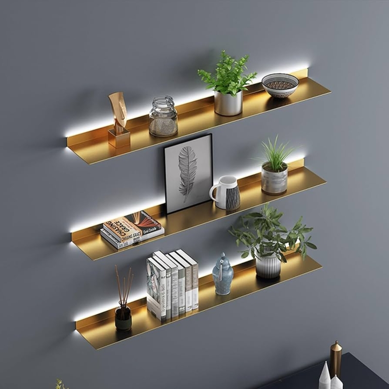 Contemporary Staggered Gold Wall Shelves with Backlighting