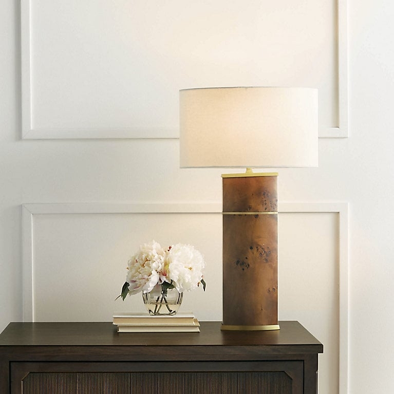 Contemporary Table Lamp: Oval Linen Shade, Black Base, Brass Accents