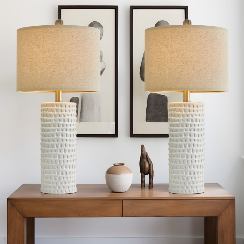 Contemporary Table Lamp Set, Ceramic, Geometric Diamond Texture Base