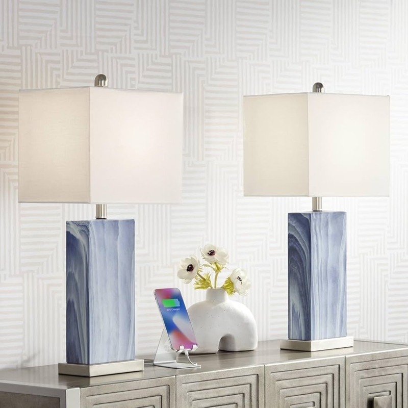 Contemporary Table Lamp Set with Blue Faux Marble Rectangular Base
