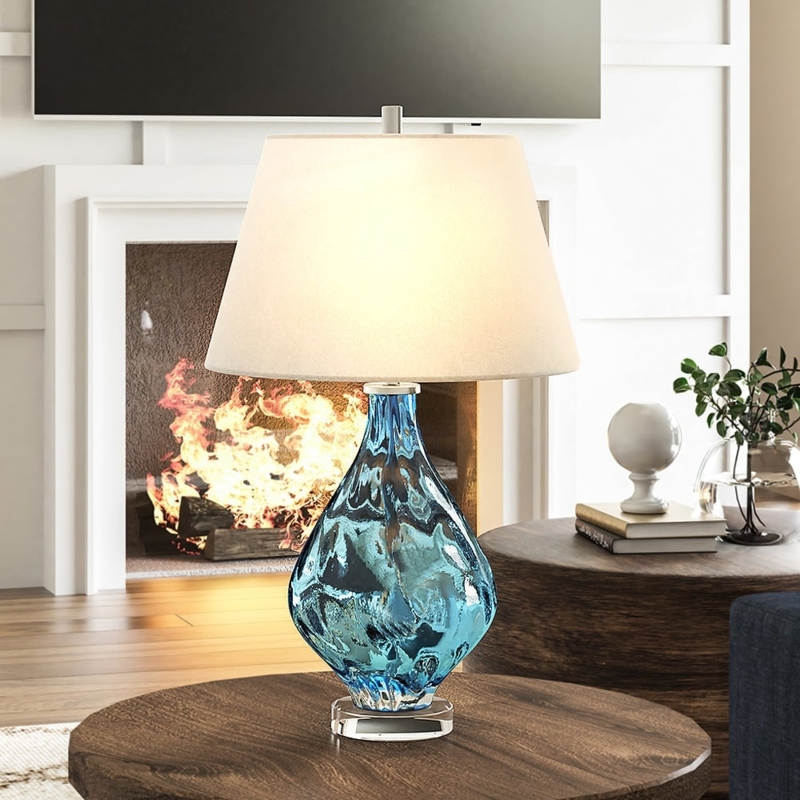 Contemporary Table Lamp: Translucent Ribbed Glass with Drum Shade
