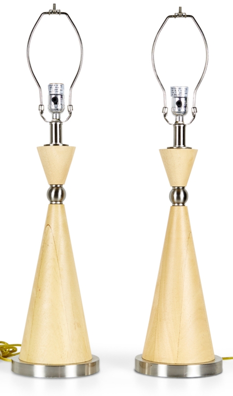 Contemporary Table Lamps Set in Natural Pine Wood with Chrome Accents