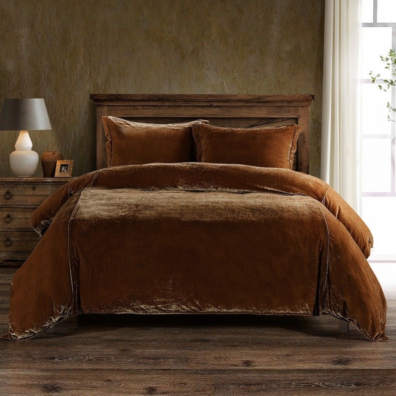 Copper Velvet Duvet Cover Set Nailhead Trim Warm Earth Tone Styling