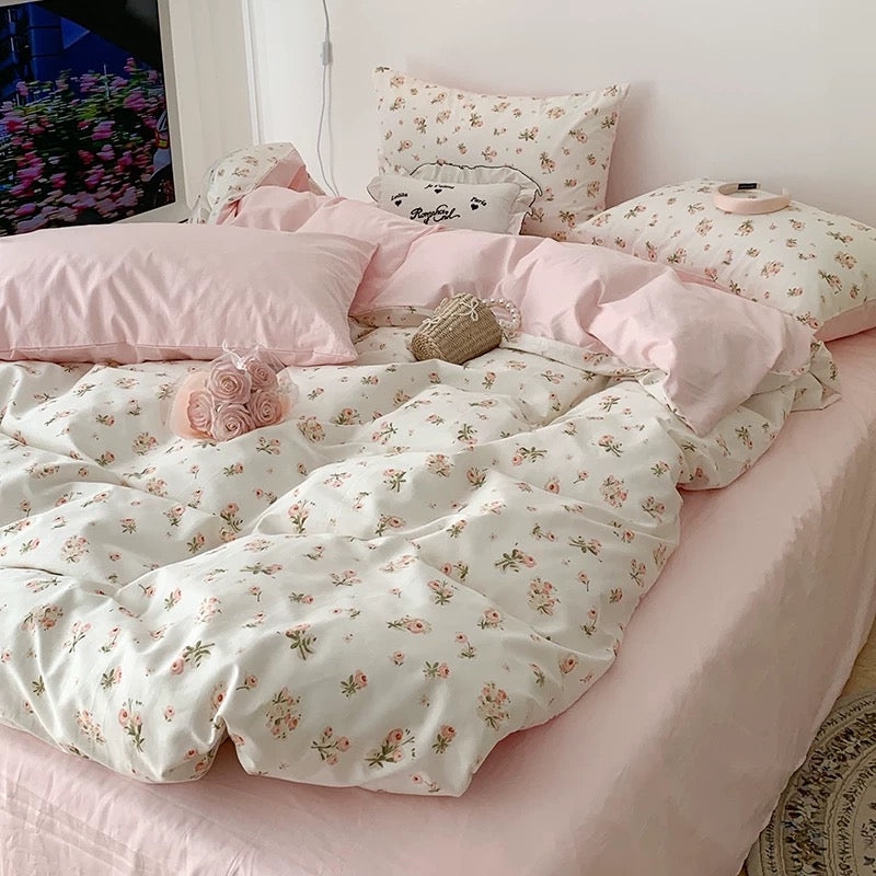 Coquette Floral Bedding Set  Pink Cotton Duvet Cover For Her  The Feelz