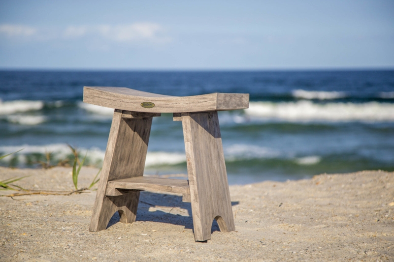 Coquina Gray Teak Shower Bench Curved Seat Shelf
