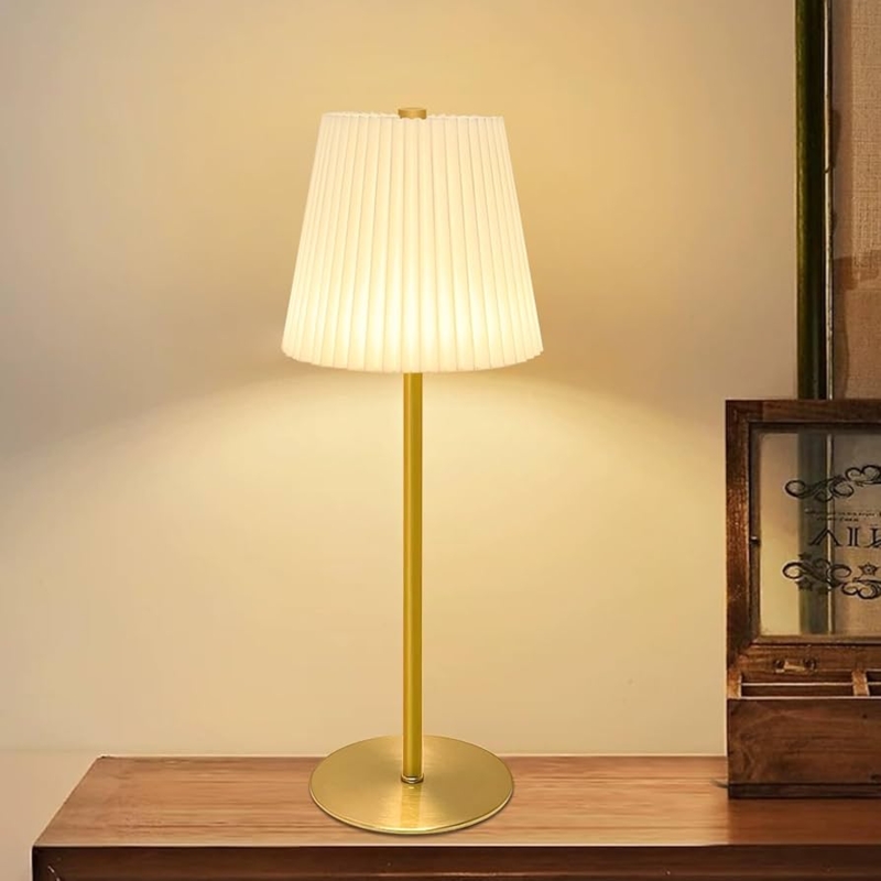 Cordless Mini Table Lamp with Brushed Gold Base and Pleated Shade