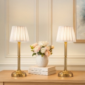 Cordless Table Lamp Brass Base Rechargeable LED Drum Shade Classic