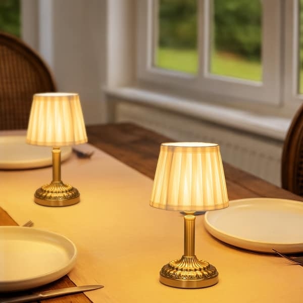 Cordless Table Lamp Fabric Drum Shade Slim Stem Brushed Gold Finish