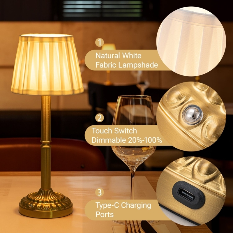 Cordless Table Lamp Mushroom Silhouette Brass Finish Dome Shade