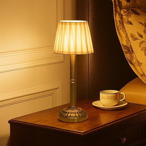 Cordless Table Lamp Pleated Shade Metallic Base Rechargeable Modern