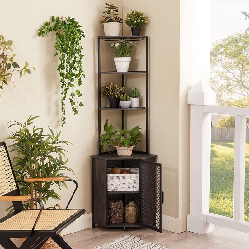 Corner Bookcase Open and Closed Storage Five Tier Industrial Wood Toned