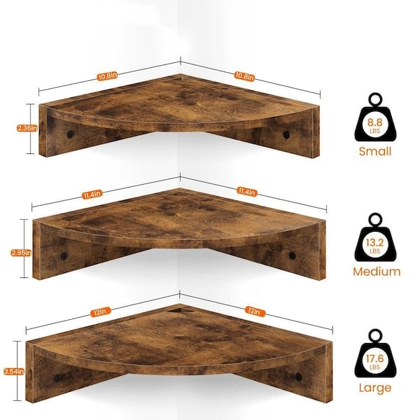 Corner Floating Shelf Dark Walnut Finish Set of Three Triangular Wood Toned