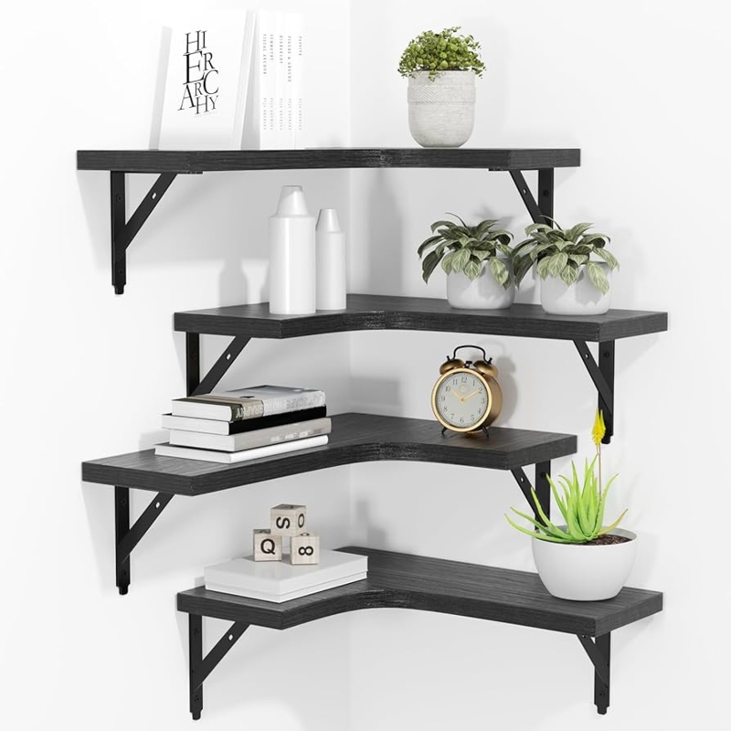 Corner Floating Shelves Charred Wood Finish Set of 4 Rustic Black Matte