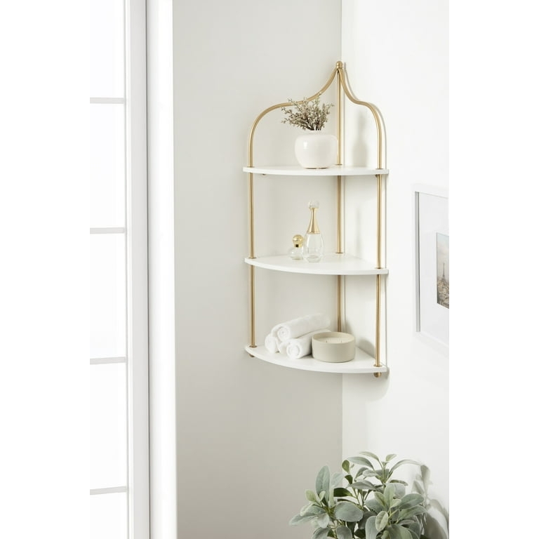 Corner Shelf Corner-Fit Gold Metal Frame Three-Tier Storage