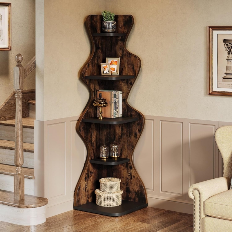 Corner Shelf Five Tier Brown Wood Open Shelving Tall