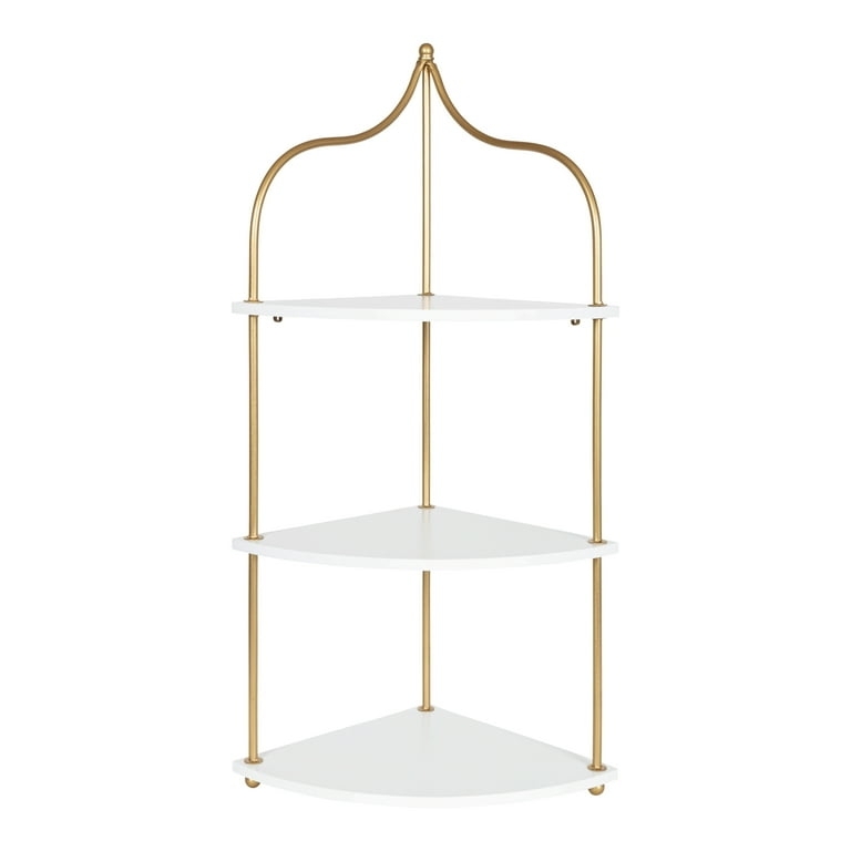 Corner Shelf Gold Metal Frame Triple-Tier White Corner Mount
