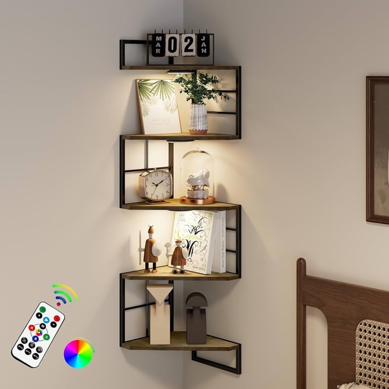 Corner Shelf Integrated Lighting Five Tier Floating Industrial Wood Toned
