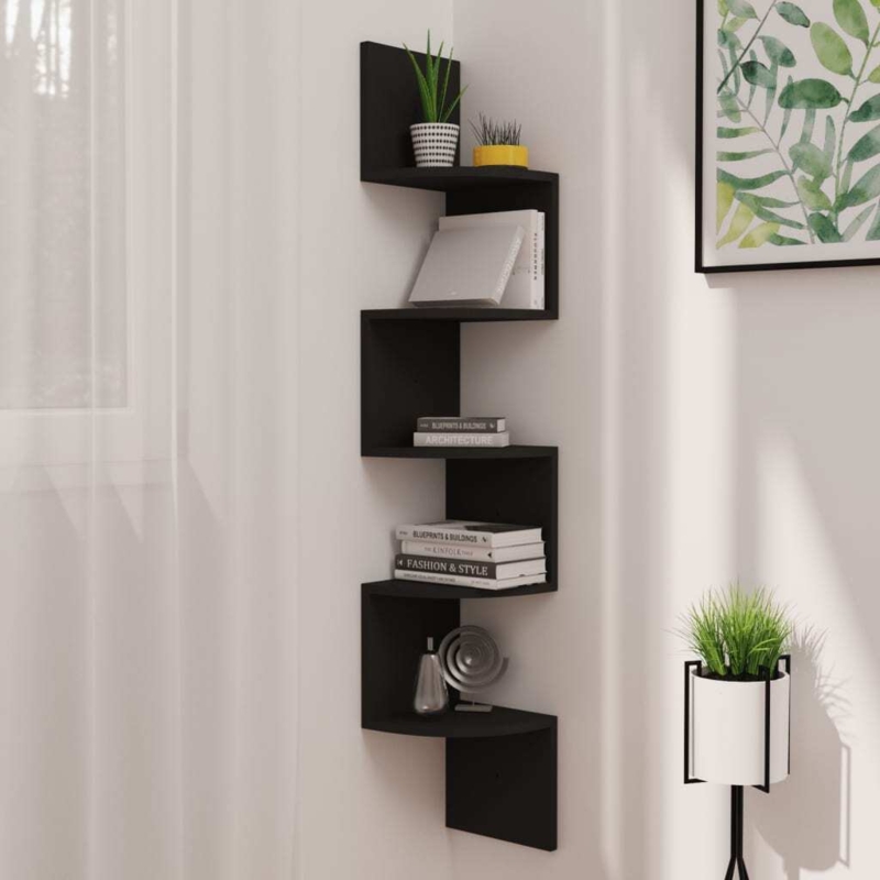 Corner Shelf Vertical Design Five Tier Black Matte Zigzag Silhouette Clean