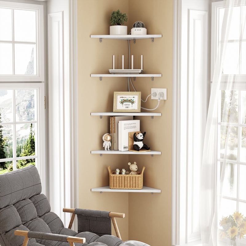 Corner Shelves, Staggered Layout, Wood and Black Metal for Storage