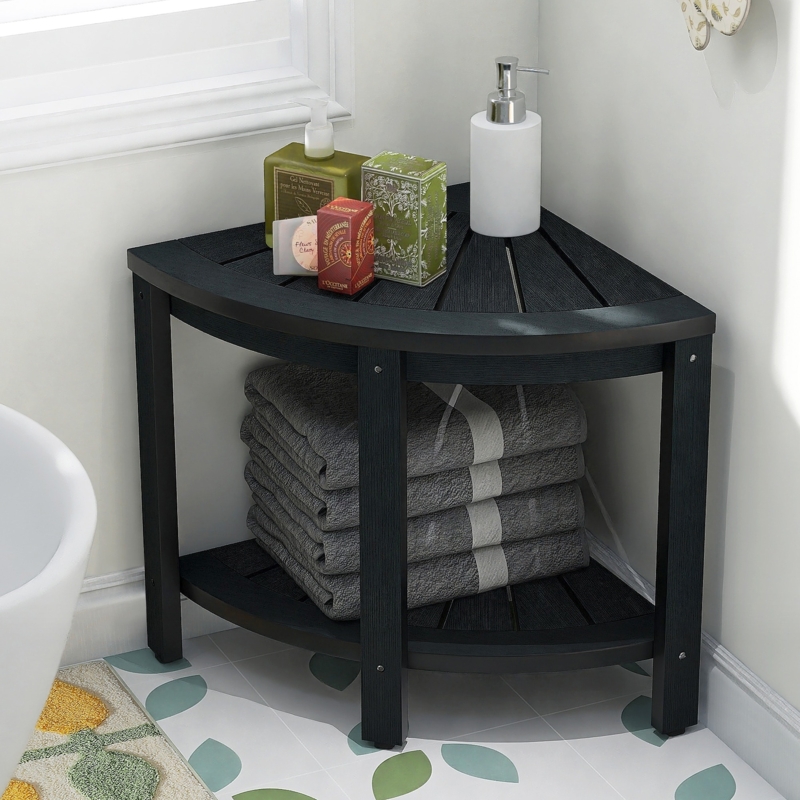 Corner Shower Bench with Integrated Shelf: Slatted Wood Toned Seat