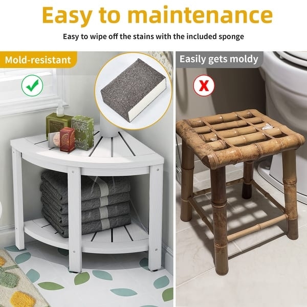 Corner Shower Bench with Triangular Slatted Seat and Storage Shelf